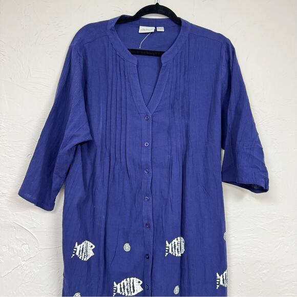 The Vermont Country Store Navy Blue Crepe Cotton White Fish Print Dress Womens M - Picture 8 of 12